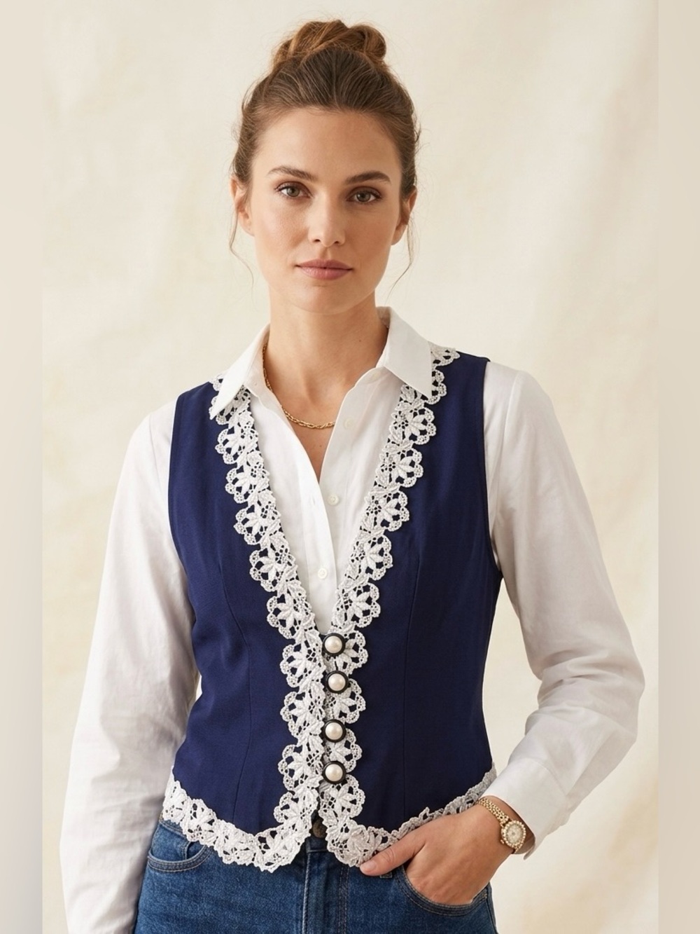 ANNA Vintage Navy Blue Vest with White place Trim and Pearls Buttons Back Tie S